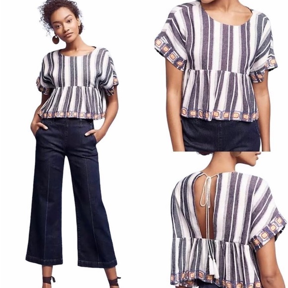 Maeve Blue Striped Tassel Top Women size Small - Picture 1 of 12